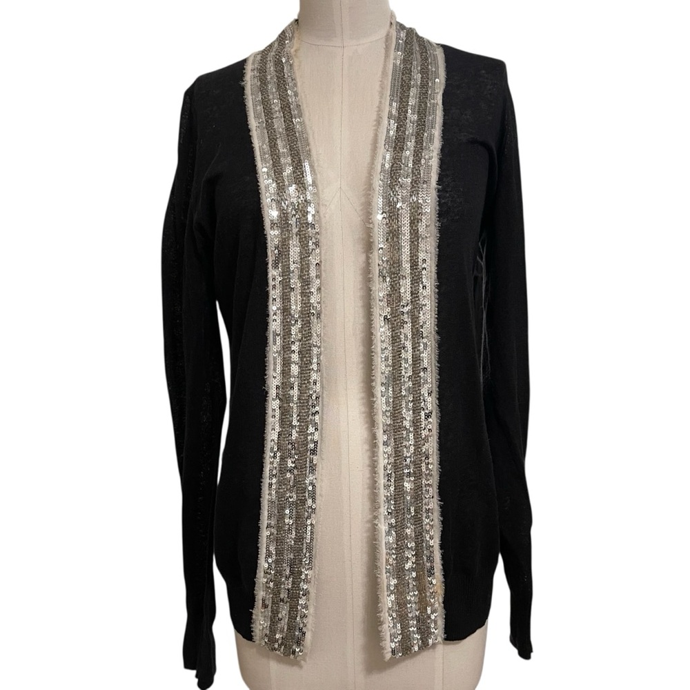 ❤️ Tory Burch ‘Quincy’ Sequin Trim Black Linen Blend Open Sweater - Picture 9 of 10